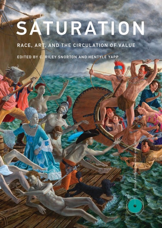 Book cover with many colors looks like mythological painting with figures on a ship in the ocean